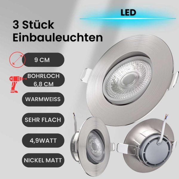 Einbaustrahler LED Einbauleuchte 3er SET ultra flach 4,9W schwenkbar Nickelmatt