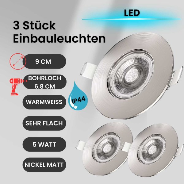 LED Einbaustrahler Bad Einbauleuchte 3er SET ultra flach 5W IP44 dimmbar 460 Lumen