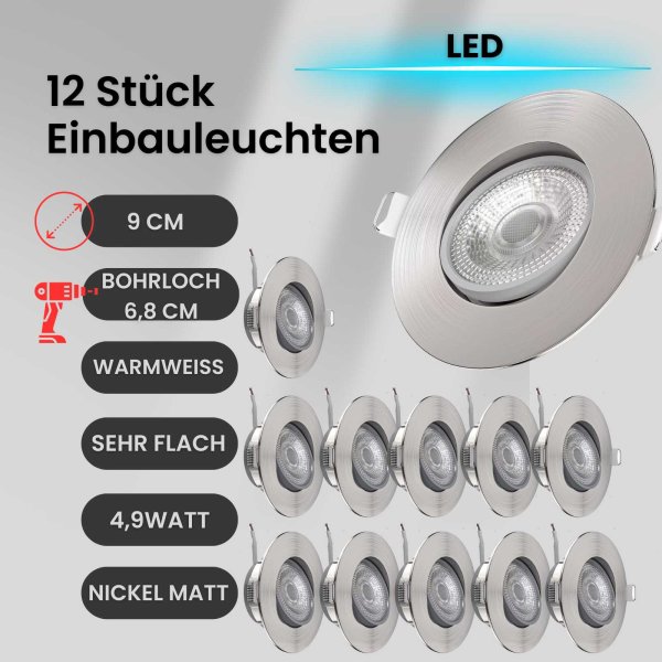 Einbaustrahler LED Einbauleuchte 12er SET ultra flach 4,9W schwenkbar 480 Lumen Nickelmatt