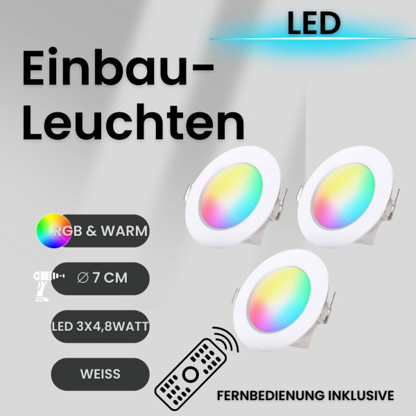 Einbaulampe LED Einbaustrahler weiß RGBW 3er Set dimmbar IP44 3000K 4,8 Watt Fernbedienung