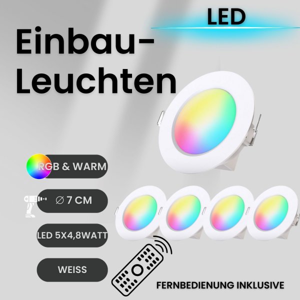 Einbauleuchte LED Einbaustrahler weiß RGBW 5er Set dimmbar IP44 4,8 Watt Fernbedienung