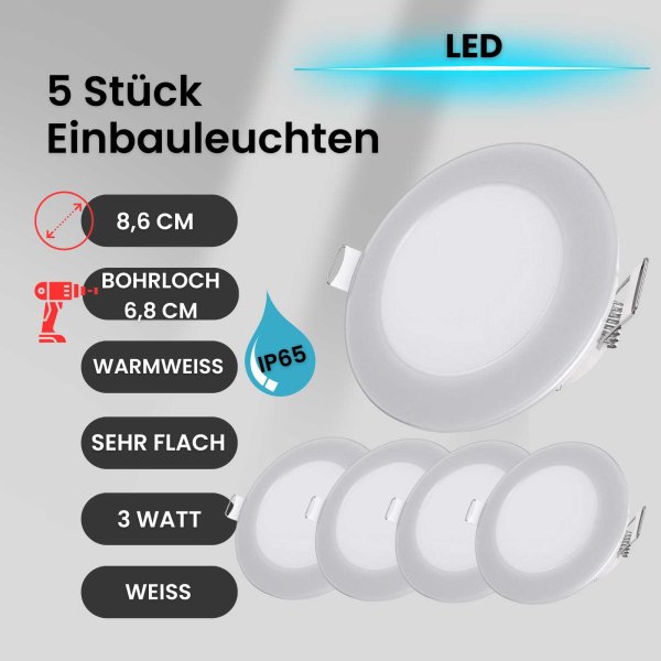 Einbaustrahler Bad Einbauleuchte LED 5er SET ultra flach 3W IP65 4000K