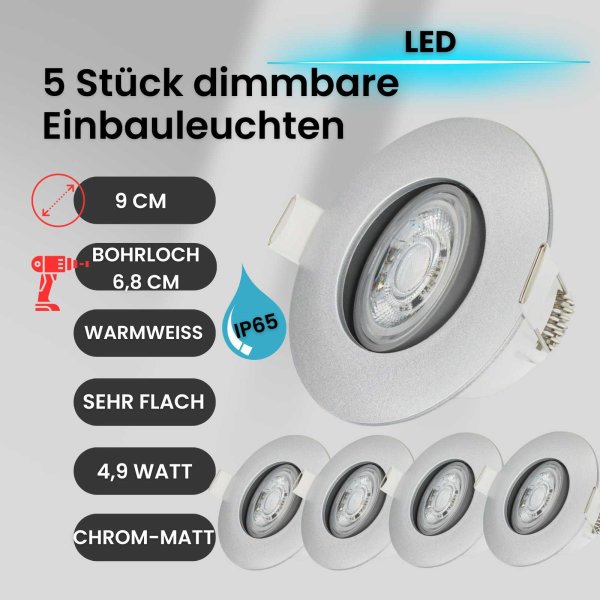 Einbauleuchte 5er Set IP65 Chrom-Matt schwenkbar Einbauspot dimmbar 4,9 Watt LED