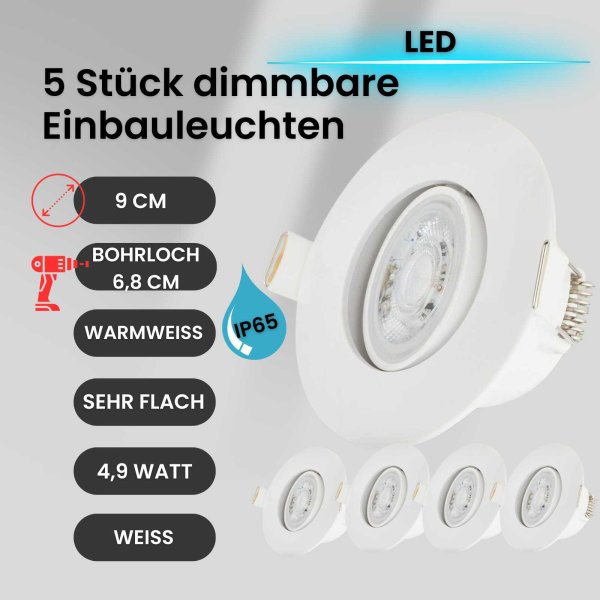 Einbauleuchten 5er Set IP65 dimmbar Spot Weiß 4,9 Watt LED schwenkbar