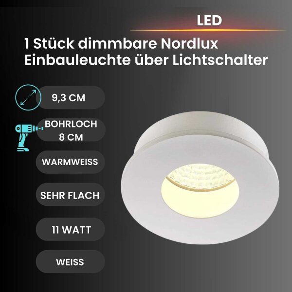 LED Einbauspot Polar, Weiß, Bohrloch 8 cm, 11 Watt, dimmbar, Ø 9,3 cm – Nordlux