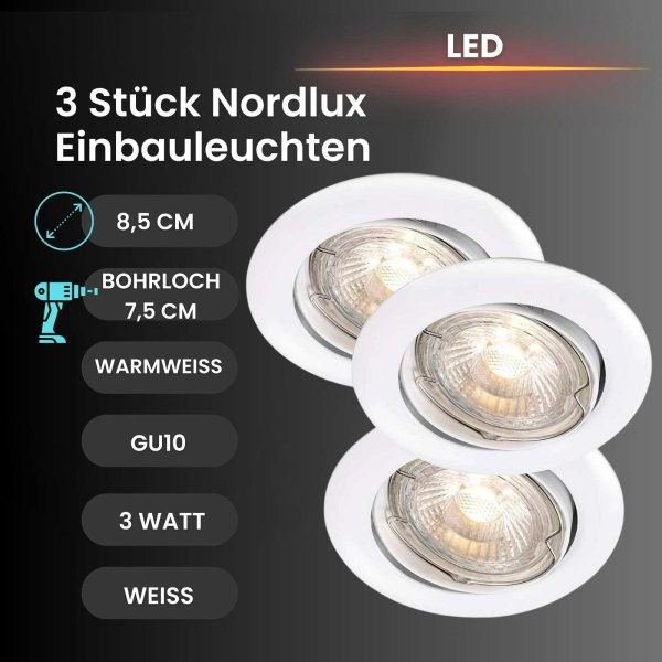 Einbauleuchten Nordlux Recess 3er Set weiß Spot 3 Watt LED GU10 Einbaulampe