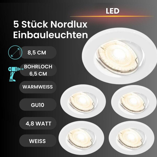 Einbauleuchte Nordlux Canis 5er Set Weiß 4,8 Watt LED GU10 Spot Einbaulampe
