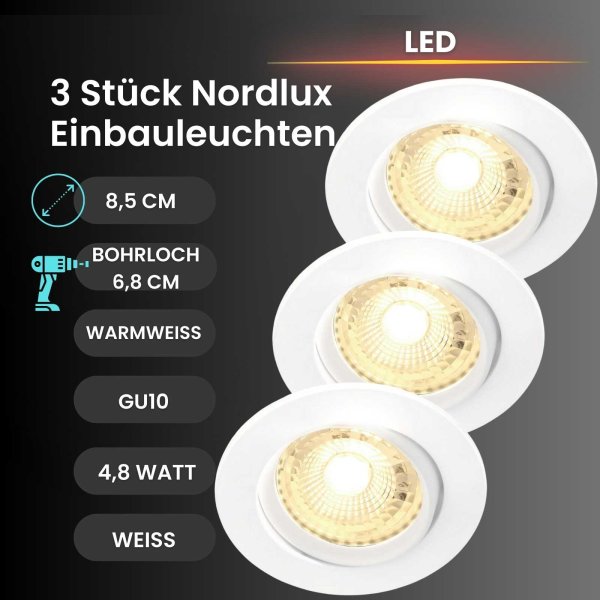 Einbauleuchte Nordlux Octans 3er Set 4,8 Watt LED Weiß GU10 Spot Einbaulampe