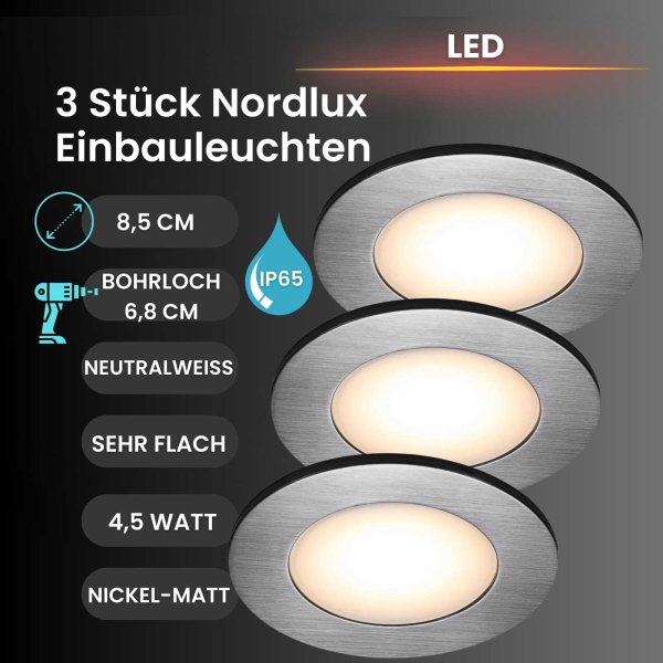 Einbauleuchte Nordlux Leonis 3er Set 4,5 Watt LED Nickelmatt IP65 Spot Einbaulampe