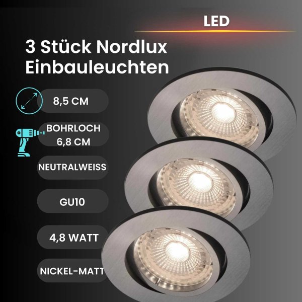 Einbauleuchte Nordlux Octans LED 3er Set Nickelmatt 4,8 Watt Einbaulampe Spot