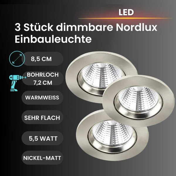 B-Kartonage Einbauleuchte Nordlux Fremont 3er Set LED dimmbar Nickelmatt Einbaulampe