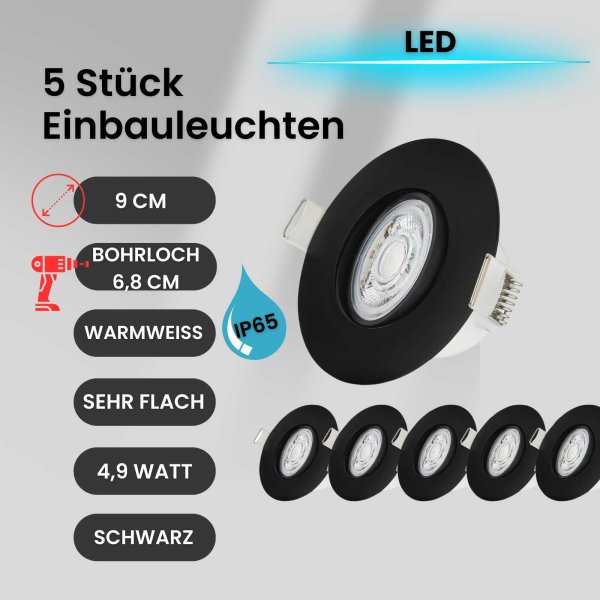 Einbauleuchte 6er set LED Schwarz IP65 4,9 Watt schwenkbar 3000K Einbaulampe