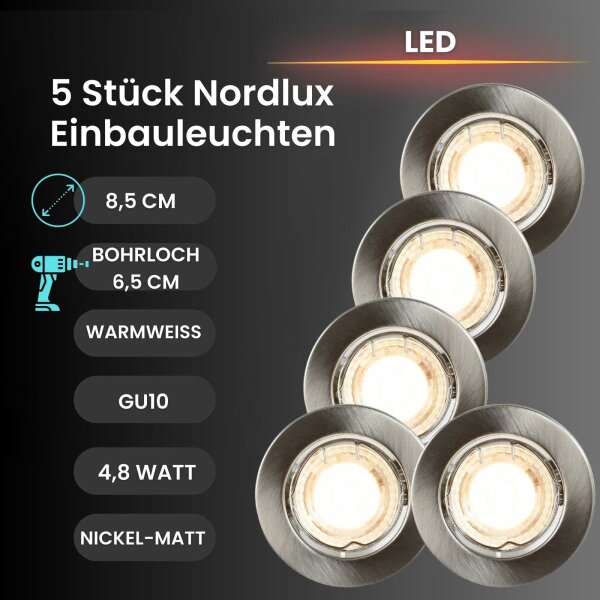 LED Einbaulampen Canis, Nickelmatt, Bohrloch 6,5 cm, 5x4,8W, 2700K, Ø 8,5 cm – Nordlux
