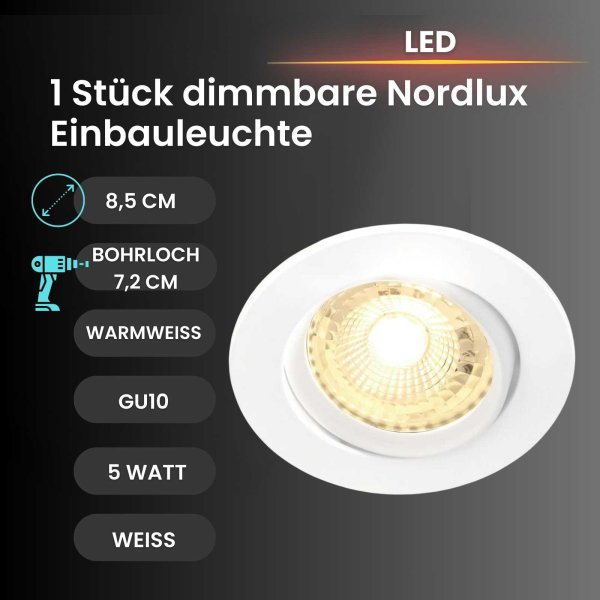 B-Kartonage Einbauleuchte Nordlux Carina  Weiß LED 5 Watt dimmbar Einbaulampe Spot