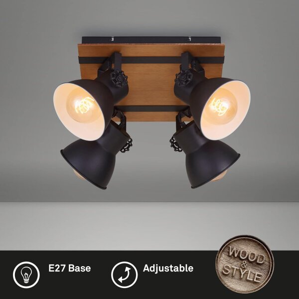 4-flammiger Deckenstrahler Tempa, Schwarz / Holz, 4x60W, schwenkbar, 38 x 38 x 21 cm – Briloner