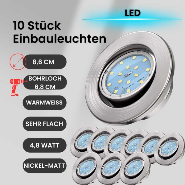 Einbauleuchten 10er Set 4,8 Watt LED Nickel-matt Einbauspot schwenkbar 3000K