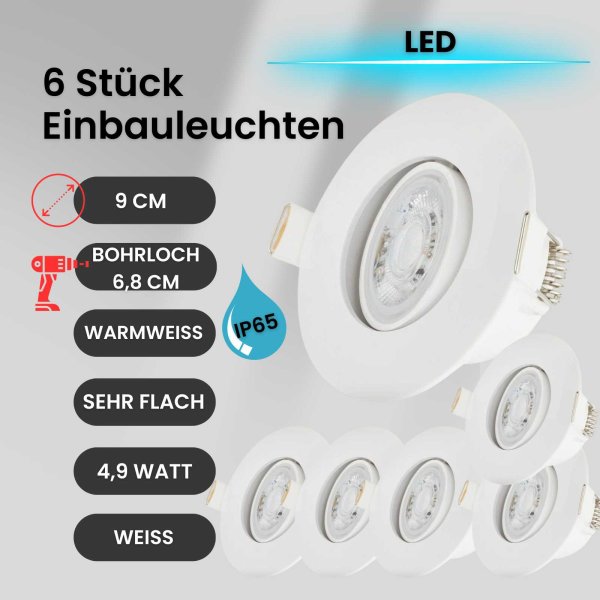 Einbauleuchte 6er Set 4,9 Watt LED Weiß Einbauspot schwenkbar 3000 IP65