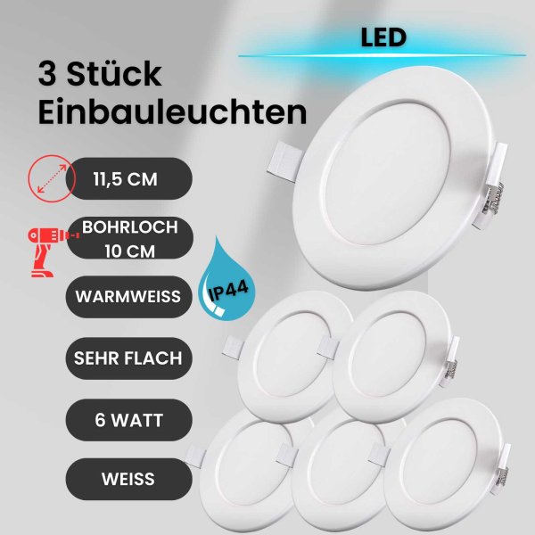 Einbaustrahler LED weiß Bad Einbauleuchte 6er SET ultra flach 6W IP44 dimmbar