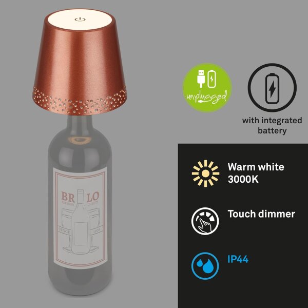 Akku-Tischlampe Akku-Flaschenlicht, Kupfer, 2,6 Watt, 3000K, dimmbar, Ø 11 cm – Briloner