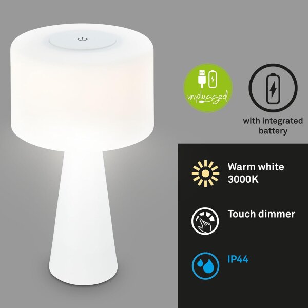 Briloner Halo LED Akku-Tischleuchte 7420016 – Kabellose Glasschirm-Tischlampe dimmbar mit USB-Ladefunktion, weiß, 4 W, IP44