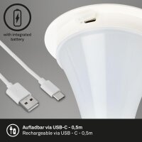 Briloner Halo LED Akku-Tischleuchte 7420016 – Kabellose Glasschirm-Tischlampe dimmbar mit USB-Ladefunktion, weiß, 4 W, IP44