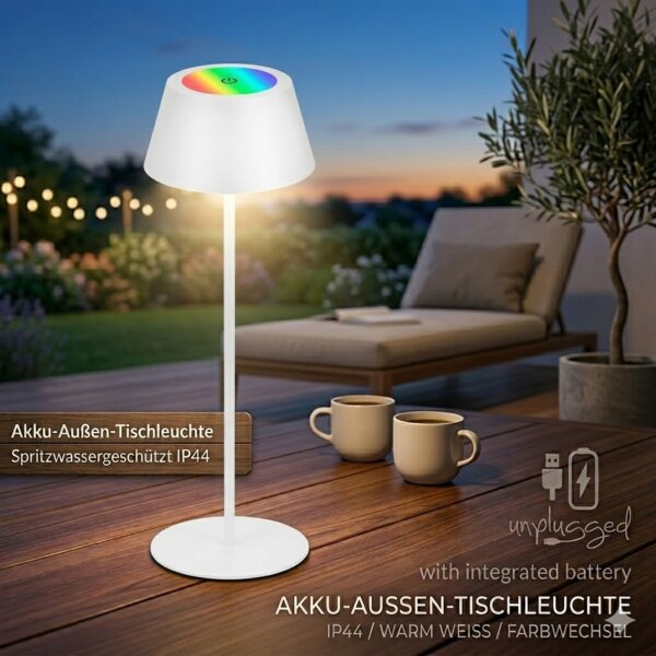 Briloner LED RGB Akku-Tischleuchte 7466016 – Kabellose Touchlampe mit Farbwechsel, weiß, 2,6 W
