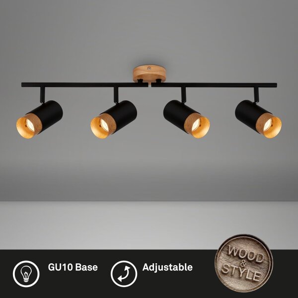 Strahler Briloner Schwarz Holzapplikation 4er Spot Deckenlampe GU10 Fassung