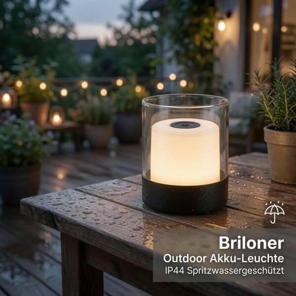 Akku-Leuchte Briloner 2 Watt LED Tischlampe Schwarz Touchdimmer IP44 Tischleuchte