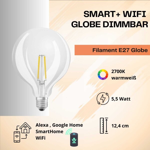 Smarte LED-Globelampe, E27, 6 Watt, dimmbar, 806lm, 2700K – Ledvance