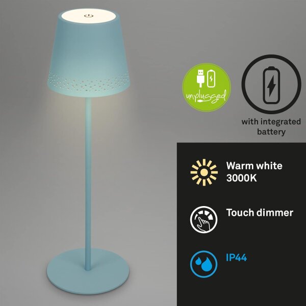 Akku-Leuchte Briloner 2,6 Watt LED Tischleuchte Taubenblau IP44 Touchdimmer Tischlampe
