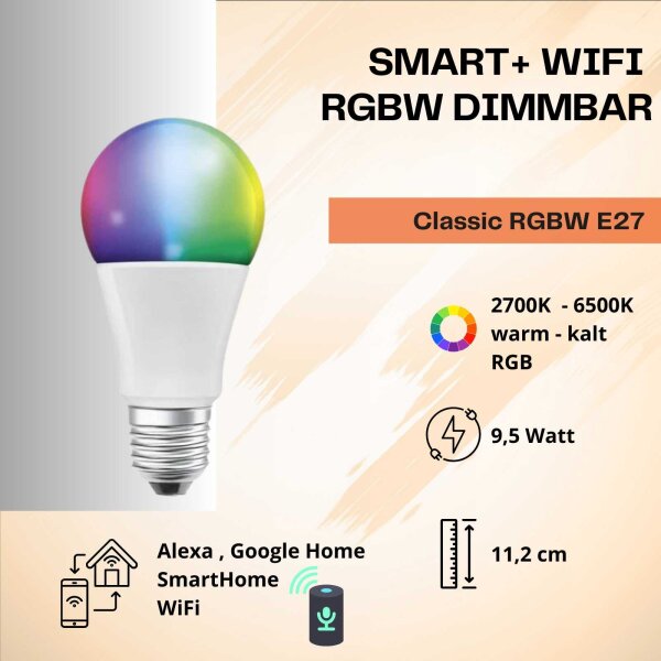 Smarte LED-Lampe, E27, 9,5 Watt, dimmbar, 1055lm, 2700 – 6500K – Ledvance