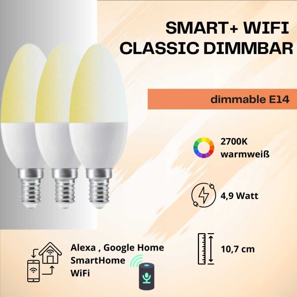 3er-Set Smarte LED-Lampe, E14, 4,9 Watt, dimmbar, 470lm, 2700K – Ledvance