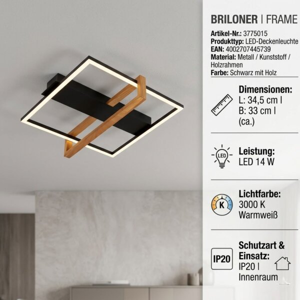 Briloner FRAME LED-Deckenleuchte Schwarz/Holz – 34,5 × 33 cm – 14 W – 3000 K