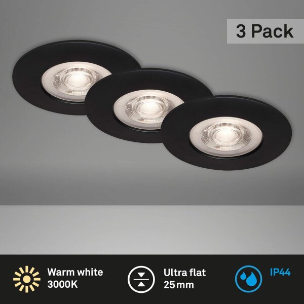 LED Einbauleuchten IP44, Schwarz, Bohrloch 6,8 cm, 3x4,9W, IP44, Ø 9 cm – Briloner