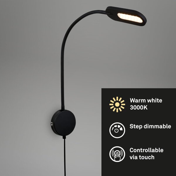 Wandleuchte Briloner 6 Watt LED dimmbar Schwarz Leselampe Steckerzuleitung Bettlampe