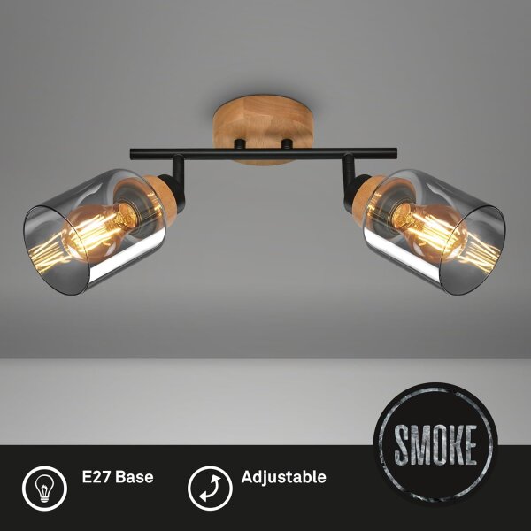 Strahler Briloner 2er Spot Rauchglas Holz E27 Fassung Deckenlampe
