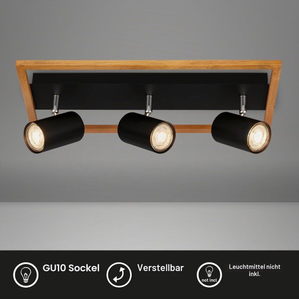 Strahler Briloner 3er Spot Schwarz Holz Deckenlampe GU10-Fassung Deckenleuchte