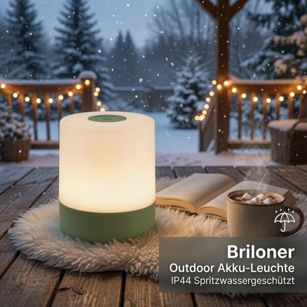 Akku-Tischlampe Akku-Leuchte, Grün, 2 Watt, 150lm, 2700K, Touchdimmer, IP44, Ø 7 cm – Briloner