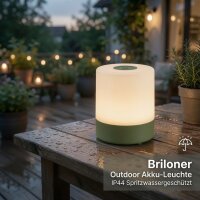 Akku-Tischlampe Akku-Leuchte, Grün, 2 Watt, 150lm, 2700K, Touchdimmer, IP44, Ø 7 cm – Briloner