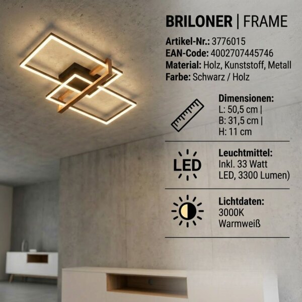 BRILONER LED Deckenleuchte 50cm | Schwarz, Holz-Akzent & 3000K Warmweiß
