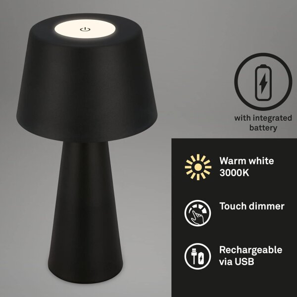 Briloner LED Akku-Tischleuchte 7437-015 – Kabellose Tischlampe dimmbar mit USB-Ladefunktion, schwarz, 3,5 W, IP44