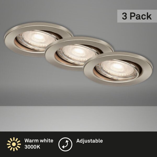 LED Einbauspots, Nickelmatt, Bohrloch 6,8 cm, 3x5W, 460lm, 3000K, Ø 8,6 cm – Briloner