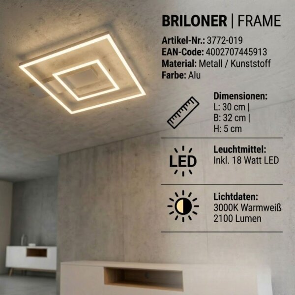 Deckenleuchte Briloner Frame 18 Watt LED Deckenlampe Aluminium 2100 Lumen Eckig
