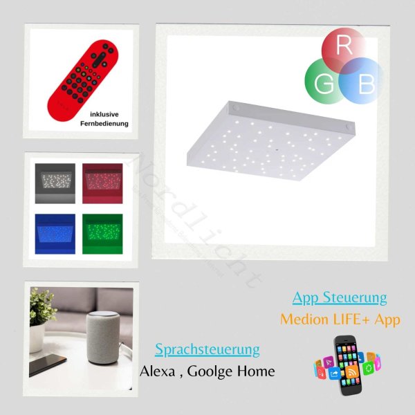 Deckenleuchte LeuchtenDirekt Lola Smart Stars LED Panel Deckenlampe 36 x 36 cm Fernbedienung dimmbar CCT + RGB