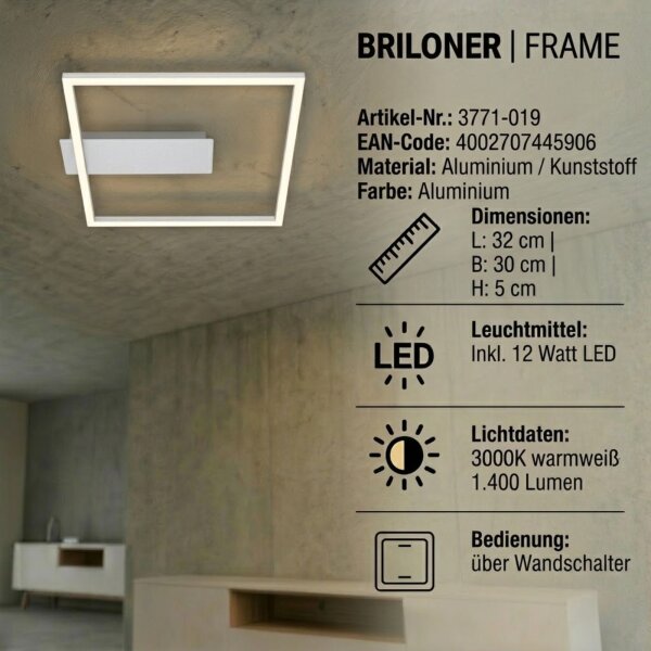 Deckenleuchte Briloner Frame LED Aluminium 12 Watt Deckenlampe
