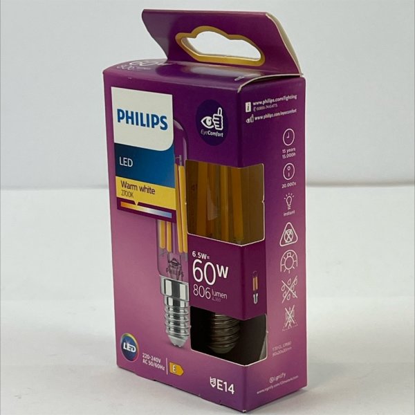 Leuchtmittel Philips E14 LED 6,5 Watt 806 Lumen Filament 2700K