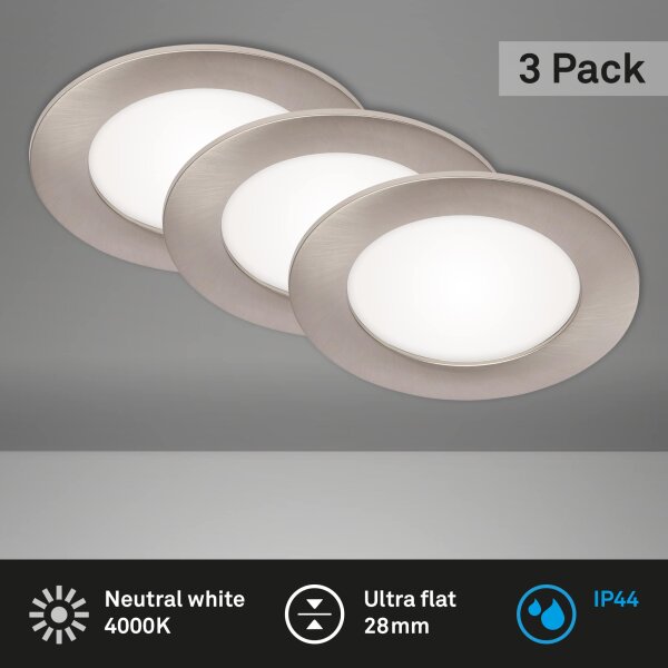 Einbauleuchten Briloner 3er Set LED Nickelmatt IP44 6 Watt Neutralweiß Einbaulampen