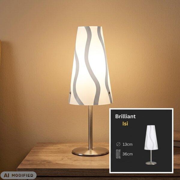Tischleuchte Isi, Nickelmatt / Weiß-Dekor, 40 Watt (exkl.), Ø 13 cm – Brilliant