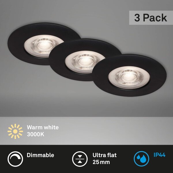 Einbauleuchten Briloner 3 x 4,9 Watt LED IP44 Schwarz dimmbar Einbauspots