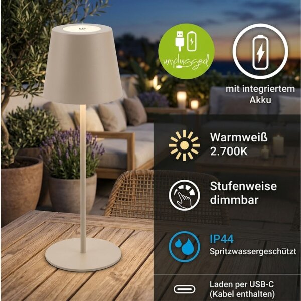 Akku-Leuchte Briloner Tischleuchte LED Beige dimmbar Tischlampe IP44 2,5 Watt